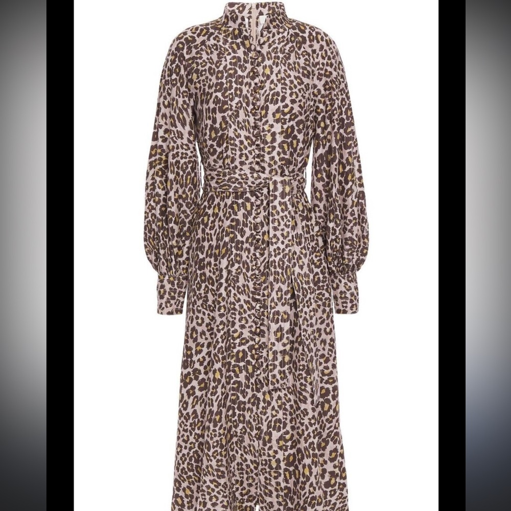 Zimmermann Sabotage Silk Button Up Midi Dress leopard cheetah 100% Silk